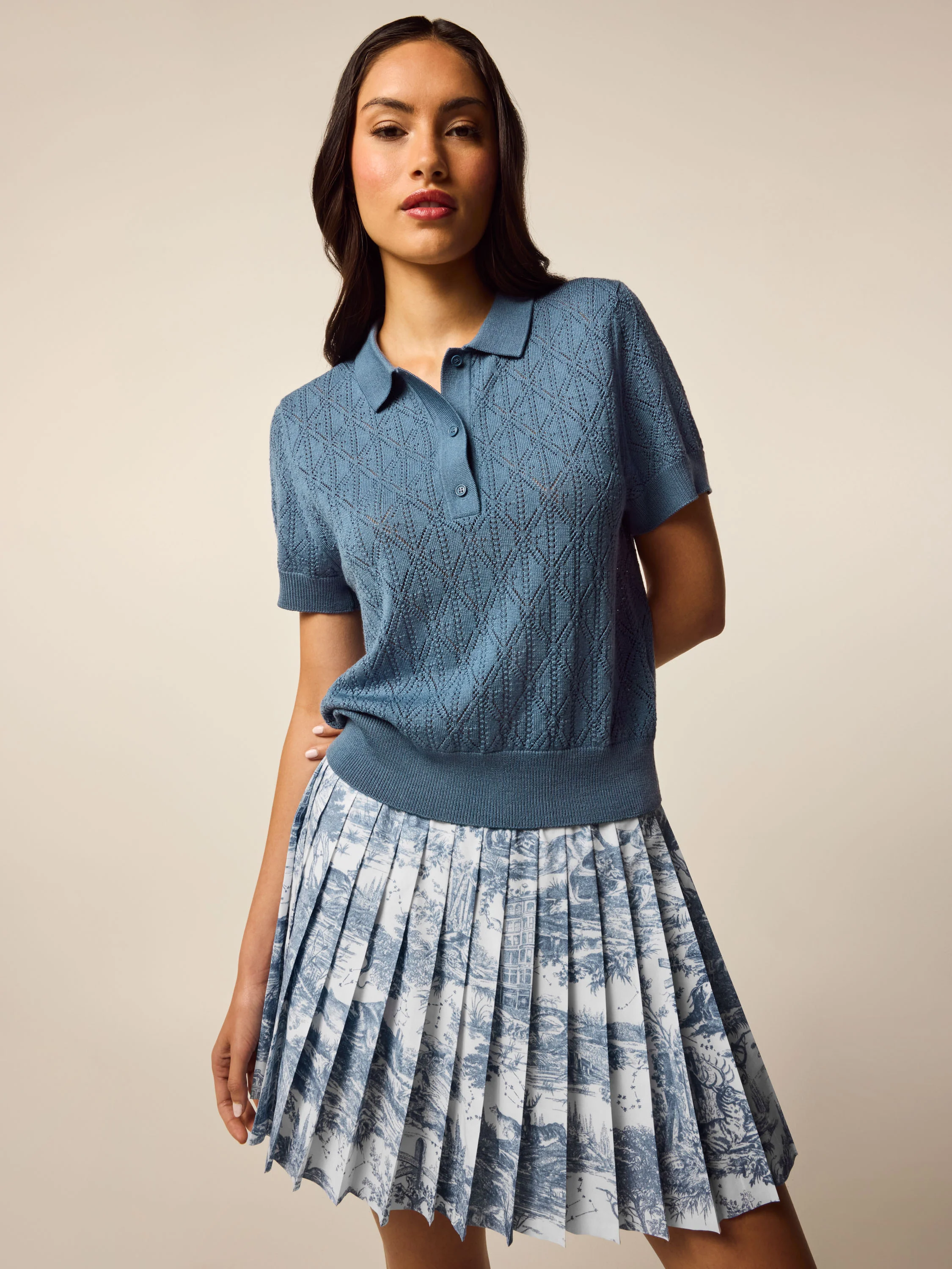 Leith Merino Pointelle Short Sleeve Sweater