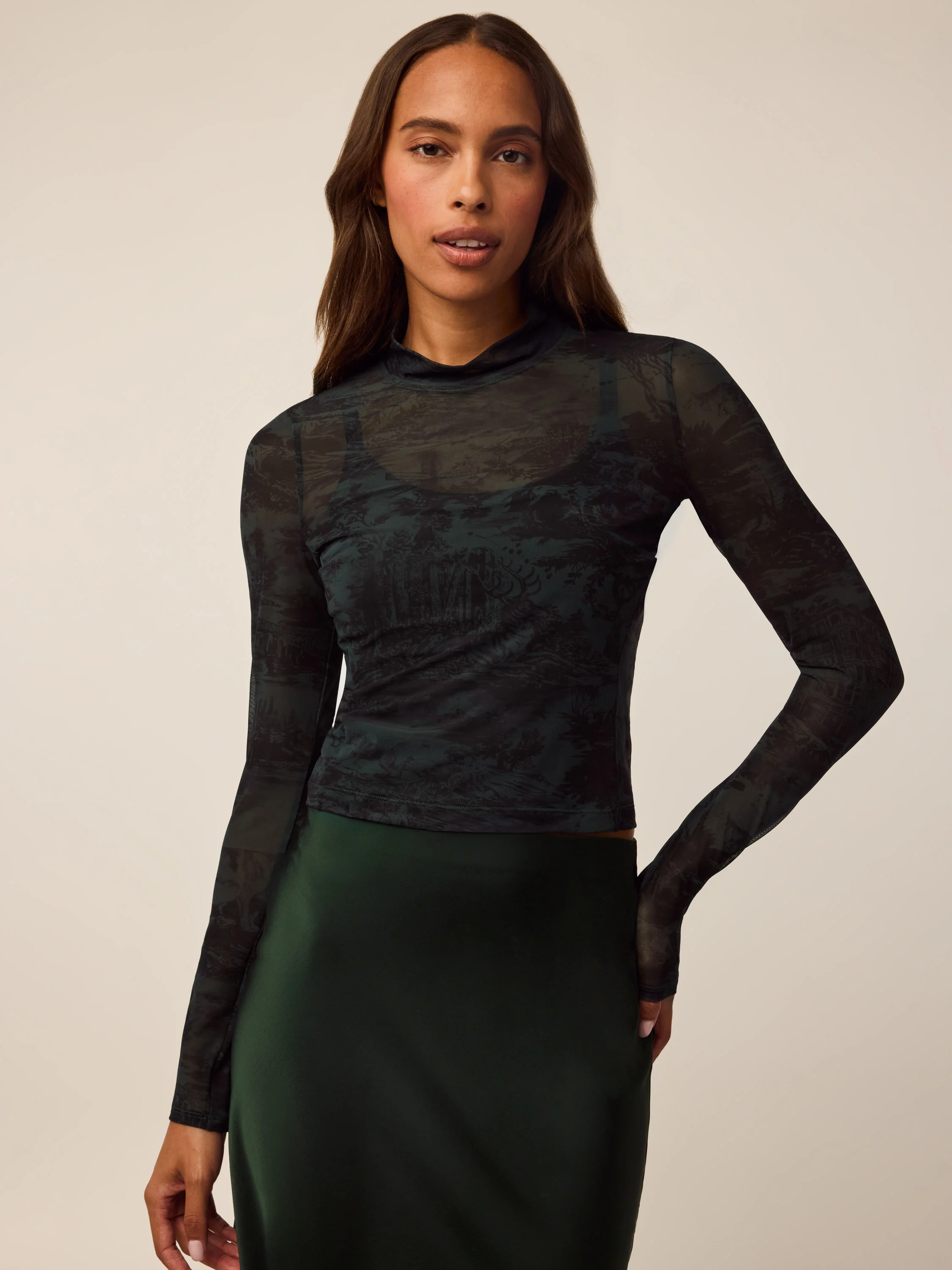Huntress Toile Long Sleeve Mesh Mock Neck Top